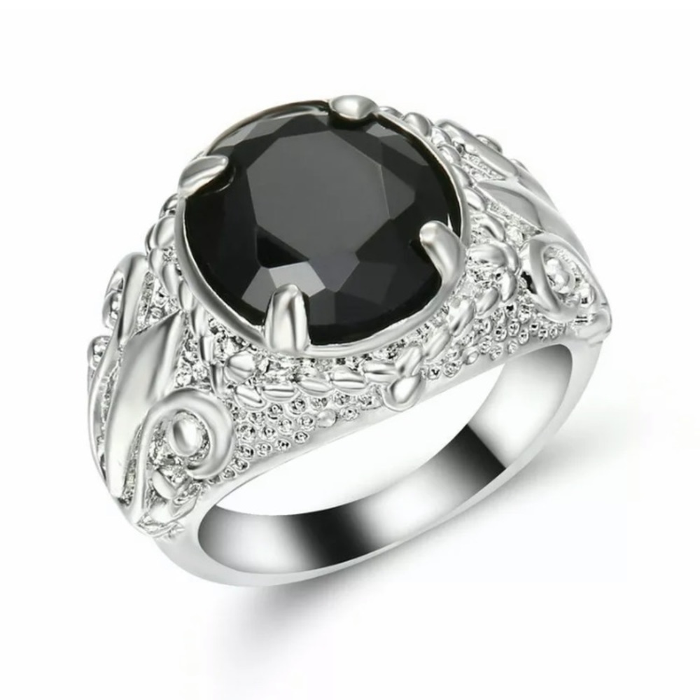 Black Sapphire Crystal Ring. White Rhodium Plated